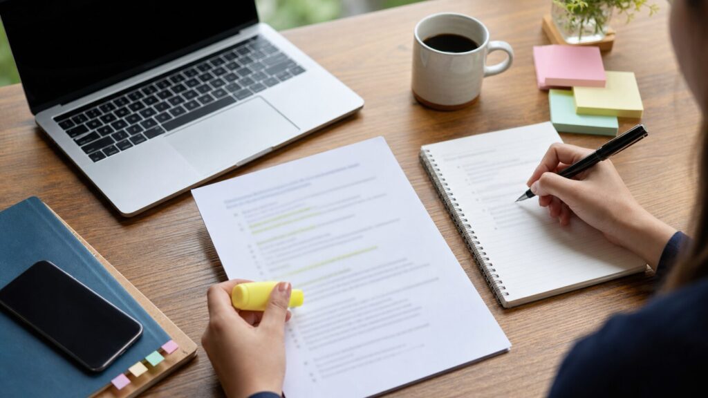 提案文を書く前に募集要項を確認しながらメモを取る様子