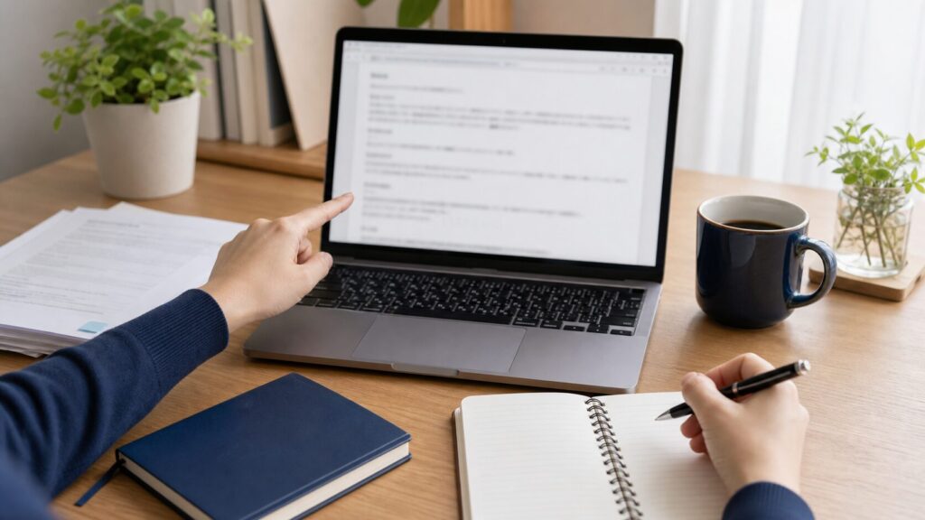 採用されやすい提案文の例文をパソコンで確認している様子