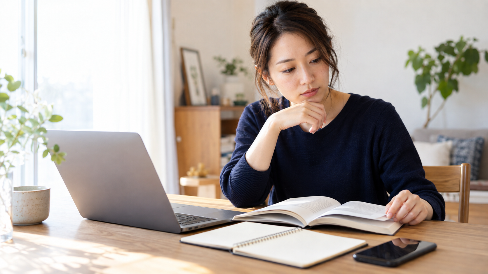 資料を読みながら文章の内容を考える人のイメージ
