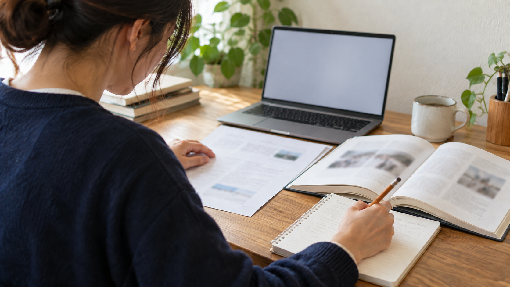資料を調べてノートに整理する人のイメージ
