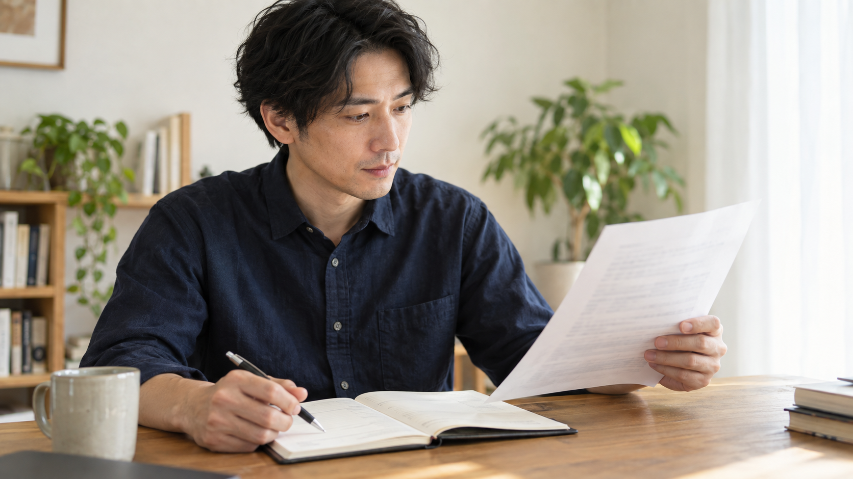 原稿を読み直しながらメモする人のイメージ